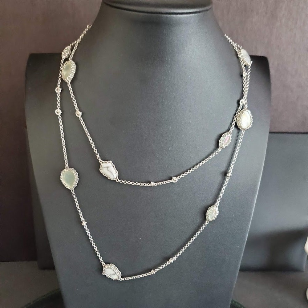 Kendra Scott Silver Plate Station Necklace White Howlite Mother of Pearl Long - Picture 4 of 7